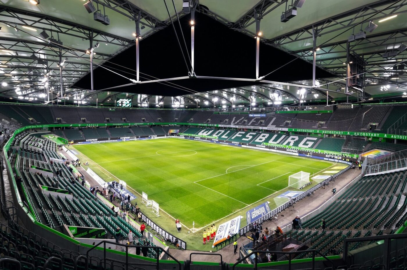 Interior view of Volkswagen Arena in Wolfsburg featuring a tensile membrane stadium roof