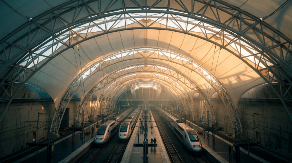 Couverture textile tendue sur une gare créant un vaste espace lumineux et protégé.