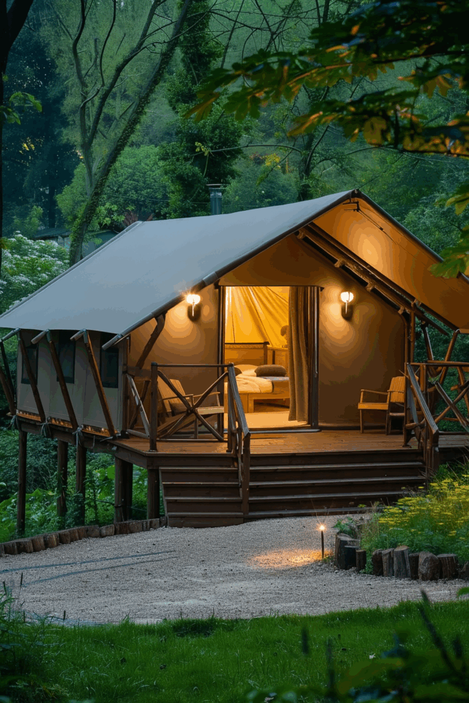 Lodge de glamping avec toiture en membrane textile tendue, au cœur d’une forêt de pins