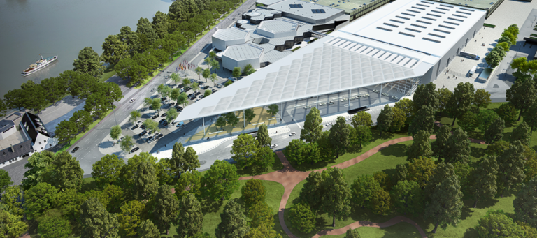 Vue aérienne Messe Düsseldorf centre d'exposition toiture textile Serge Ferrari