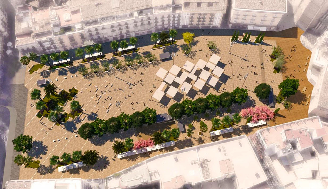 Vue de synthèse du projet d'aménagement de la Plaza de la Reina avec voiles d'ombrage en Tenseo.