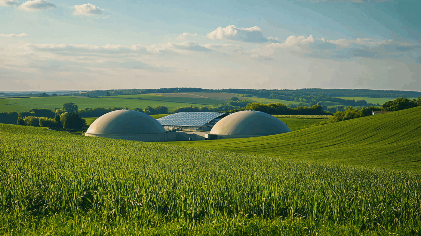 Paysage rural avec unités de méthanisation couvertes par des membranes techniques