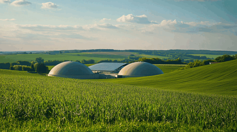 Paysage rural avec unités de méthanisation couvertes par des membranes techniques