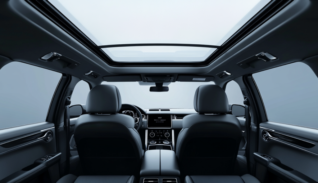 Intérieur de véhicule avec large surface vitrée et finitions haut de gamme, illustrant l’intégration possible d’une membrane composite dans des éléments de confort et de design.