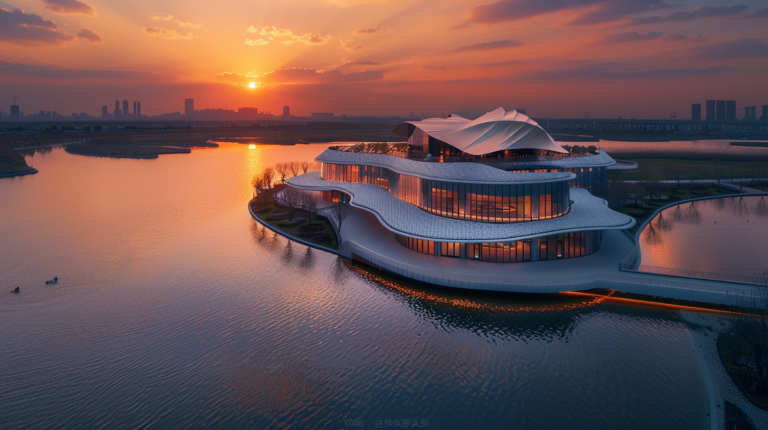Architecture contemporaine au bord de l’eau avec toiture en membrane composite souple et stores Serge Ferrari Group au coucher du soleil.