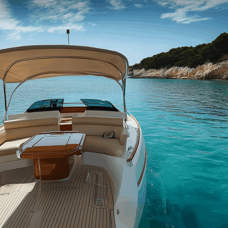 Bateau à moteur avec bimini en membrane Serge Ferrari protégeant le cockpit, en baie turquoise.