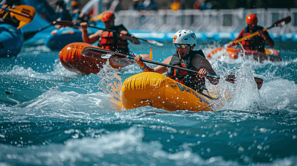 Course de kayak gonflable en eaux vives avec éclaboussures et forte intensité