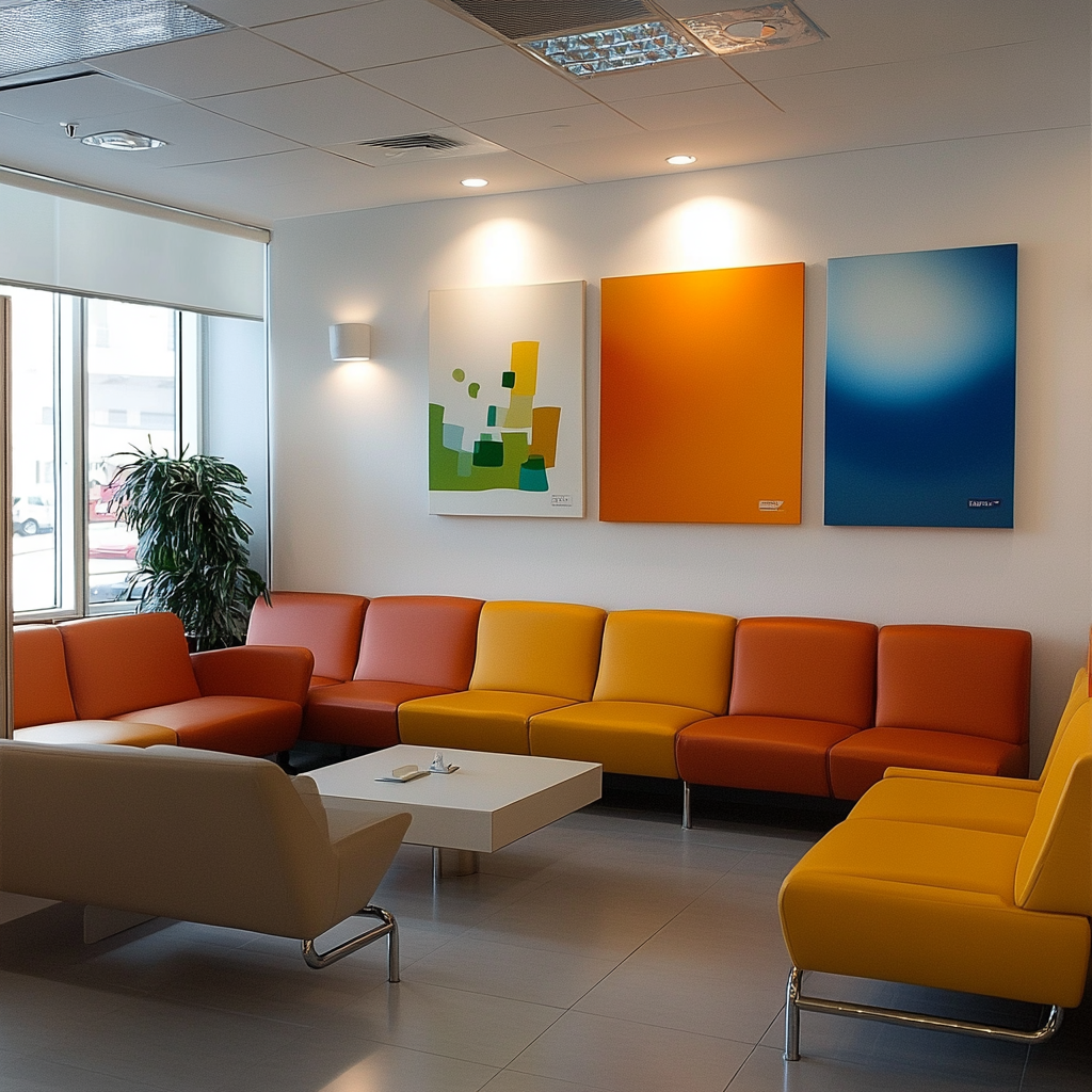 Salle d’attente moderne avec canapés en simili cuir orange et jaune, table basse blanche et tableaux colorés au mur.