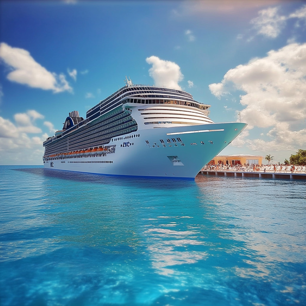 Paquebot de croisière amarré dans une eau turquoise sous un ciel bleu