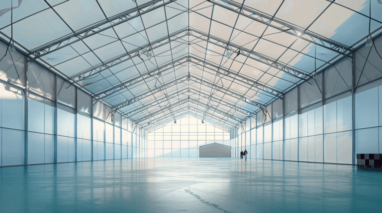 Intérieur d’un grand bâtiment de stockage en structure textile translucide avec charpente métallique