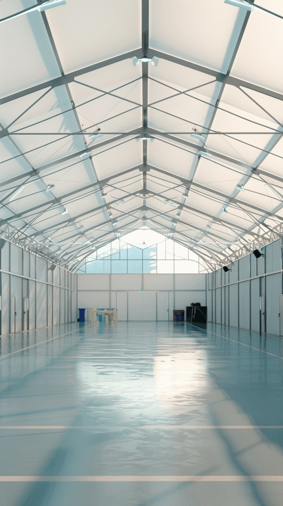 Intérieur d’un bâtiment industriel en structure textile avec charpente métallique apparente
