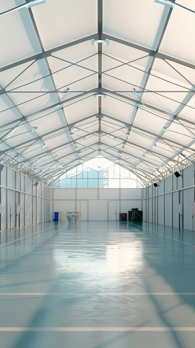 Intérieur d’un bâtiment industriel en structure textile avec charpente métallique apparente