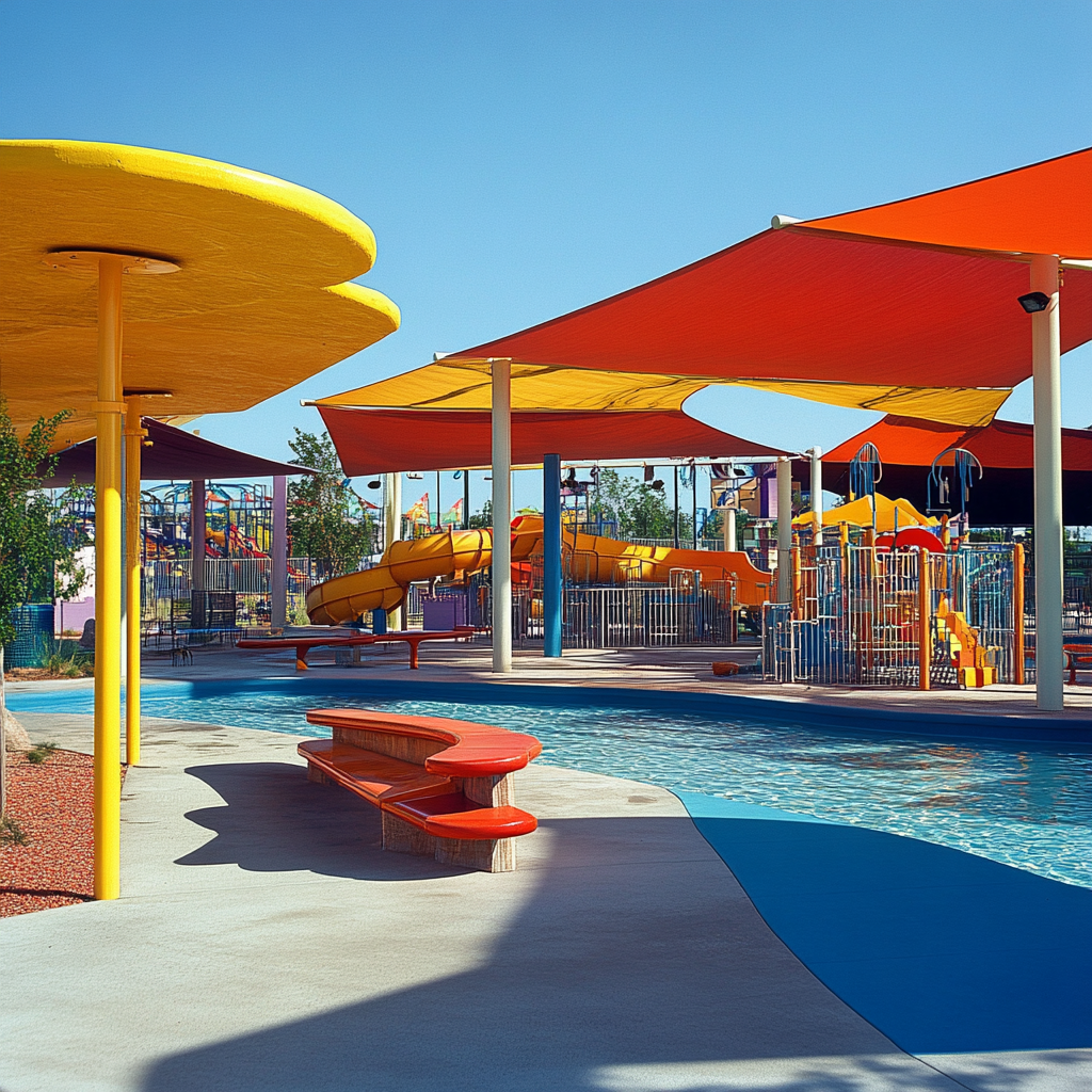 Aire de loisirs avec bassin et toiles d’ombrage colorées tendues au-dessus des espaces de jeux