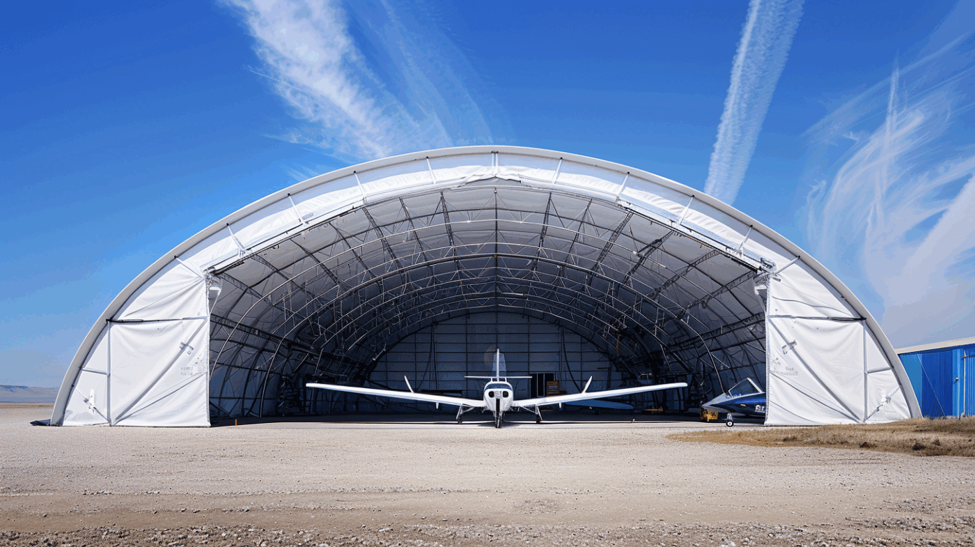 Hangar aéronautique en toile blanche arquée abritant un avion léger, vue frontale