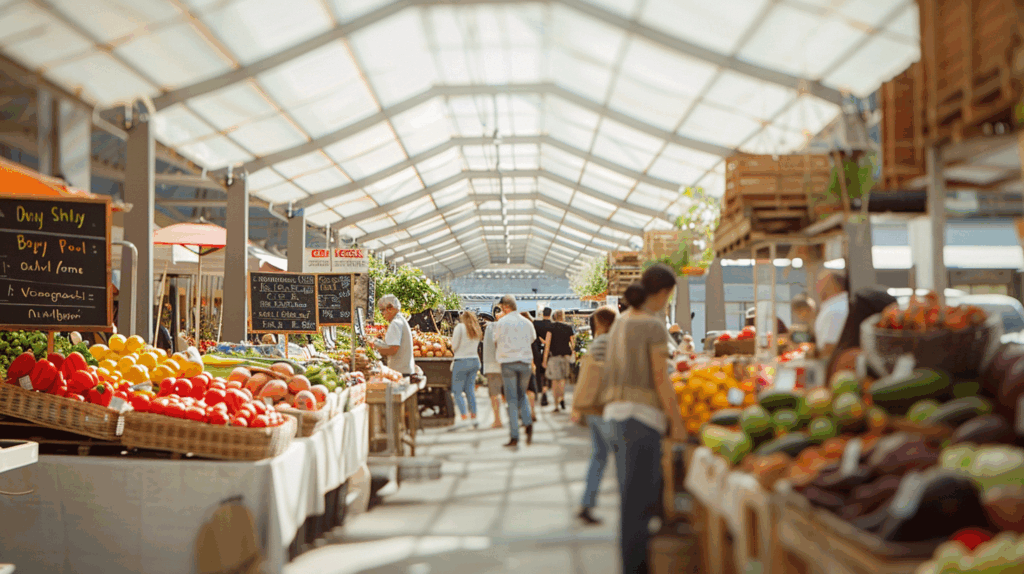 Marché couvert avec toiture en membrane textile translucide, baigné de lumière naturelle