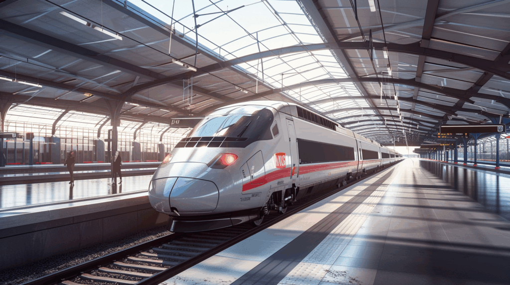 Train à grande vitesse en gare couverte, quai moderne avec verrière métallique