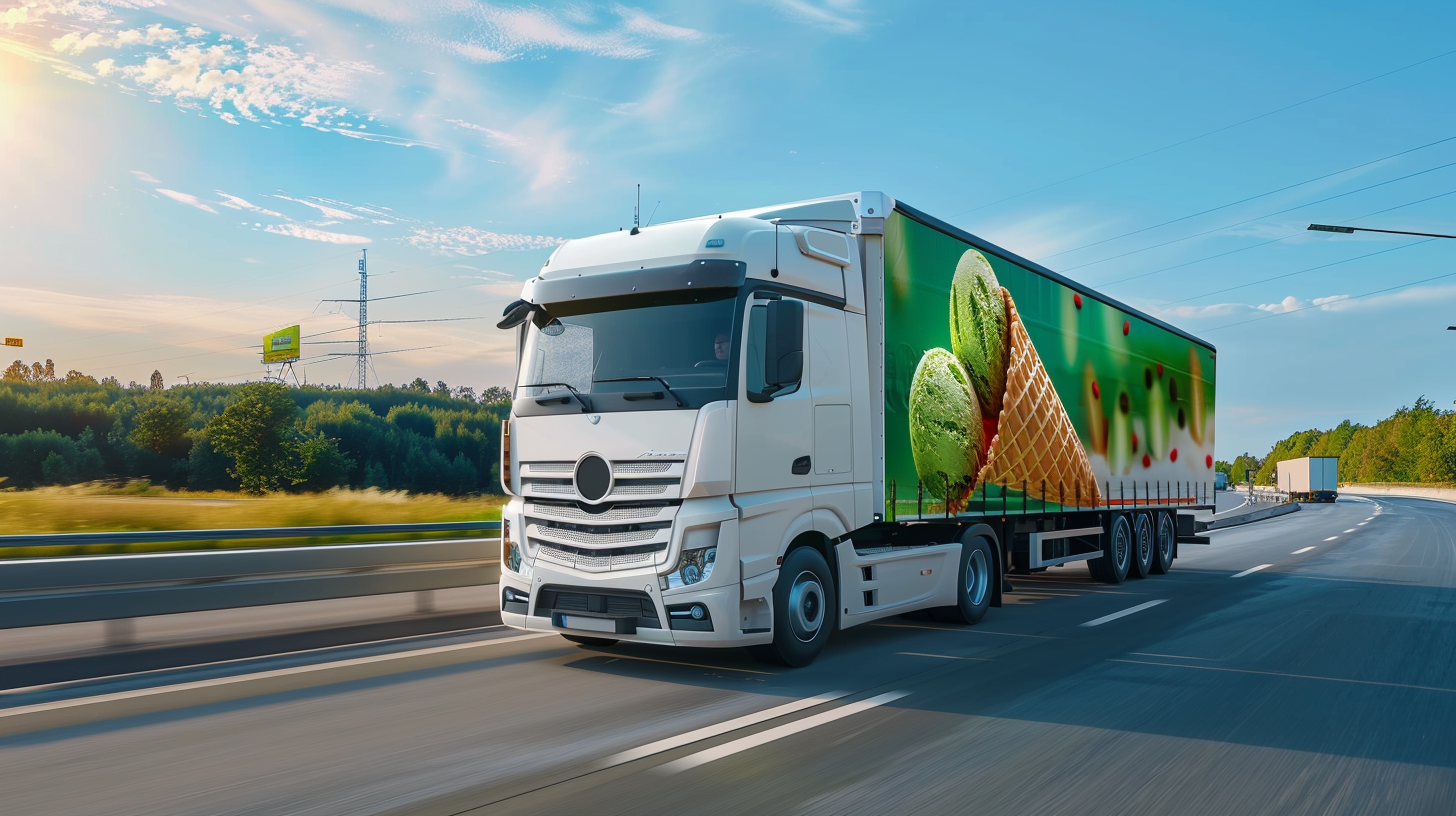 Camion semi-remorque blanc roulant sur autoroute avec bâche publicitaire illustrée de glaces vertes