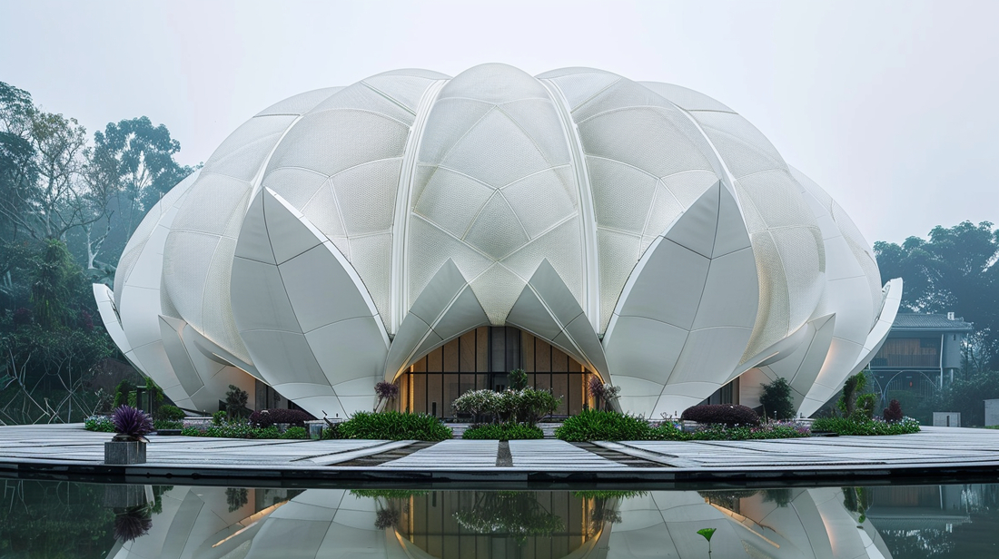 Pavillon textile biomimétique formé d'une enveloppe géodésique aux géométries pétaloïdes.