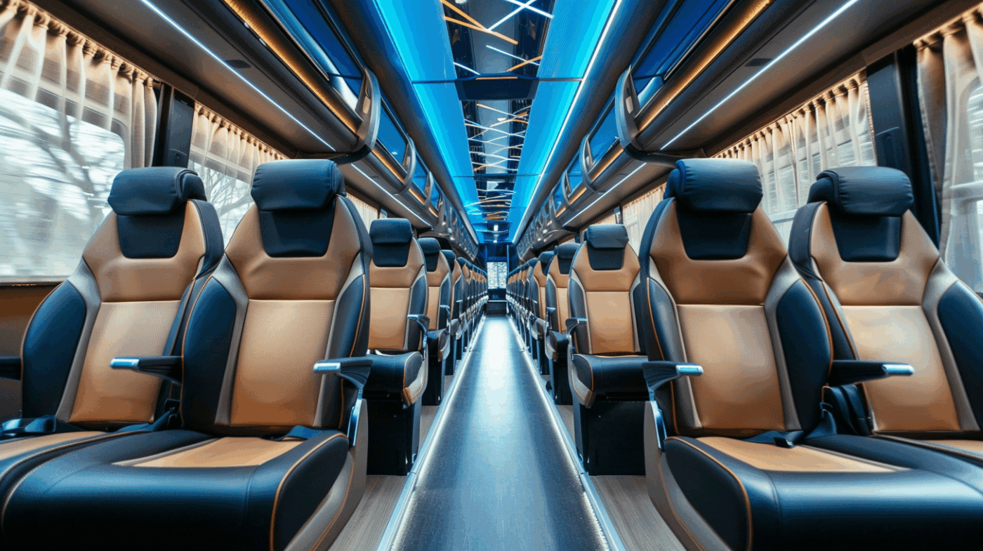 Intérieur d’un autocar de luxe moderne avec sièges bicolores et éclairage LED bleu