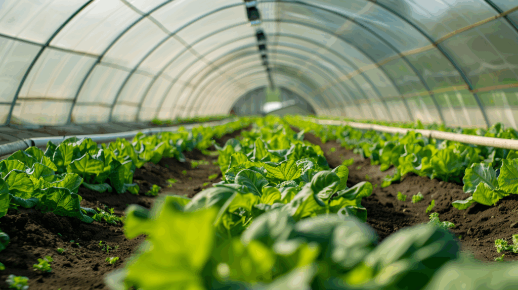 Rangées de légumes verts cultivés dans une serre tunnel lumineuse