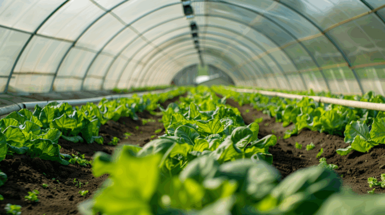 Rangées de légumes verts cultivés dans une serre tunnel lumineuse
