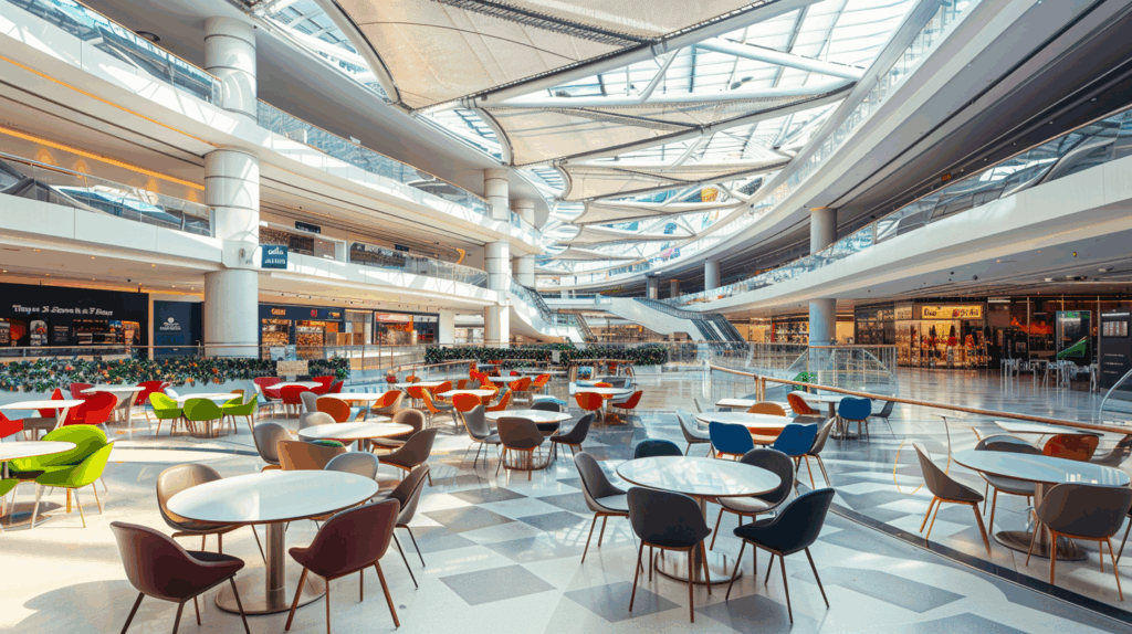 Food court lumineux sous verrière avec voiles en membrane textile tendue au plafond