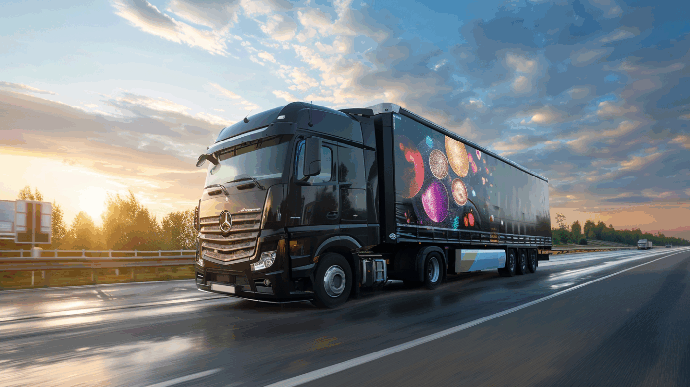 Camion semi-remorque noir circulant sur autoroute au coucher du soleil avec visuel coloré sur la bâche