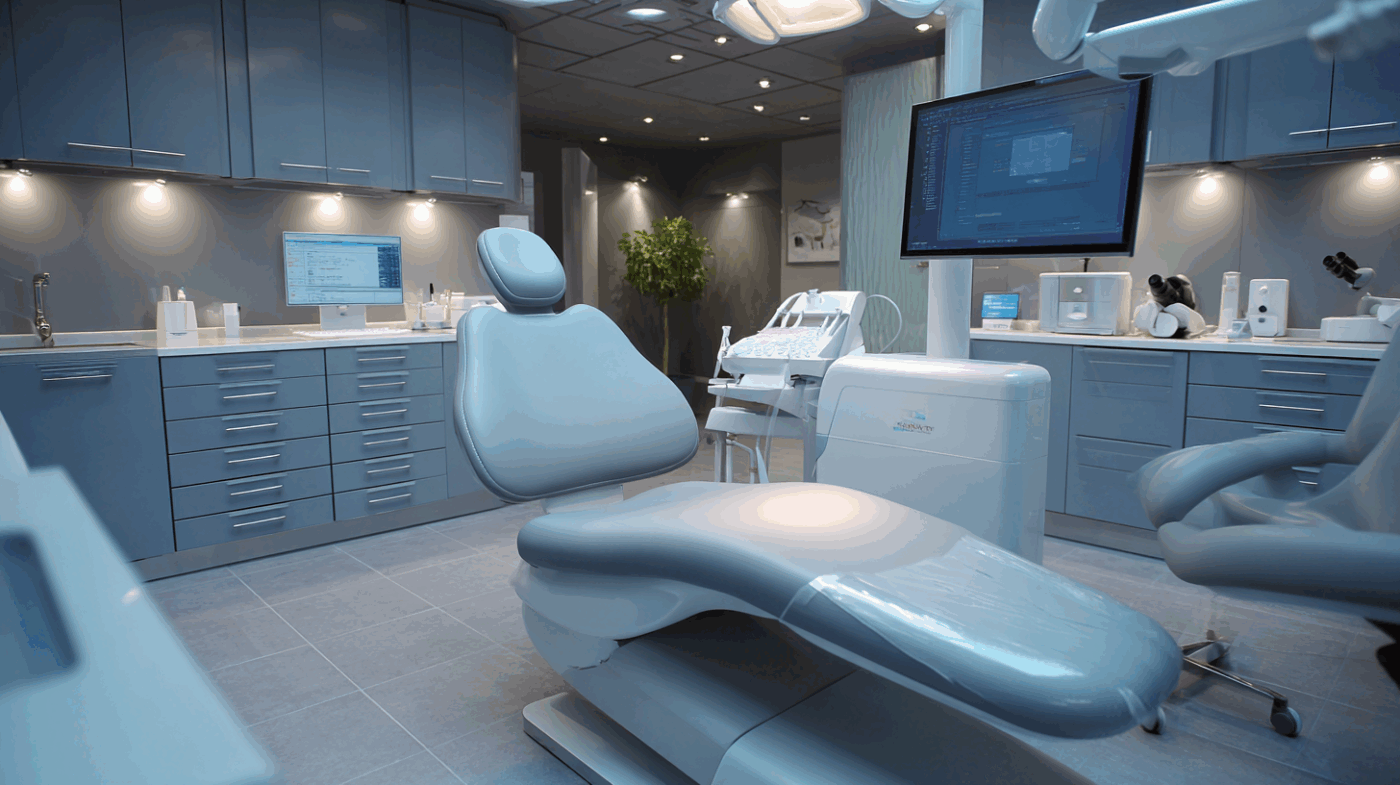Cabinet dentaire moderne avec fauteuil patient bleu, écrans de contrôle, mobilier intégré et éclairage LED.