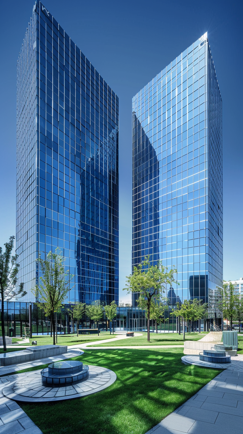 Deux tours de bureaux modernes en verre bleu réfléchissant, séparées par un jardin paysager avec pelouse et arbres.