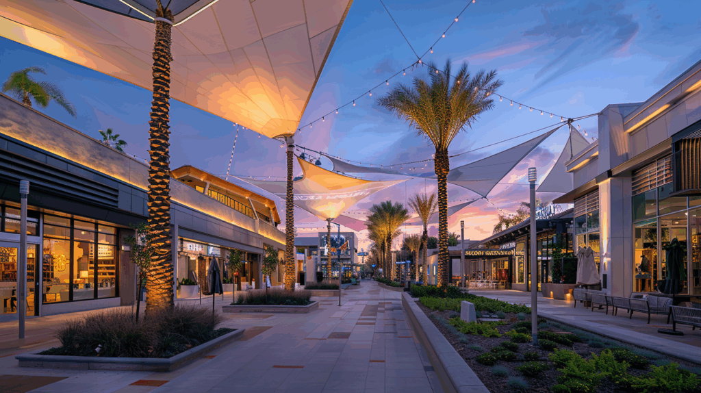 Allée de centre commercial extérieur au crépuscule avec voiles d’ombrage en membrane tendue