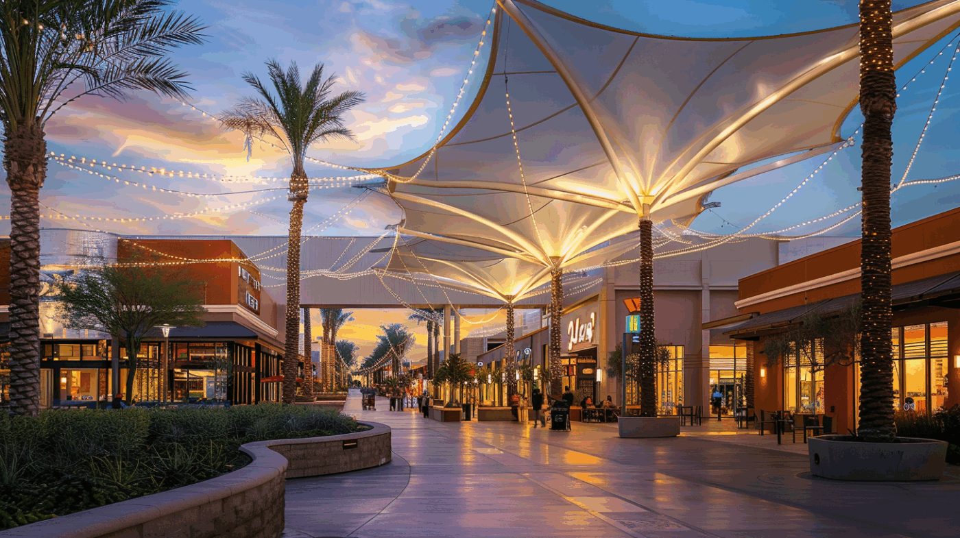 Centre commercial en plein air au crépuscule avec membranes tendues éclairées au-dessus des allées