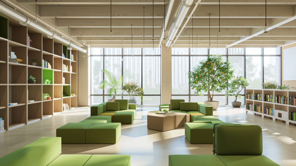 Espace intérieur lumineux type bibliothèque ou learning center avec assises modulaires vertes, grandes baies vitrées, étagères en bois et plantes.