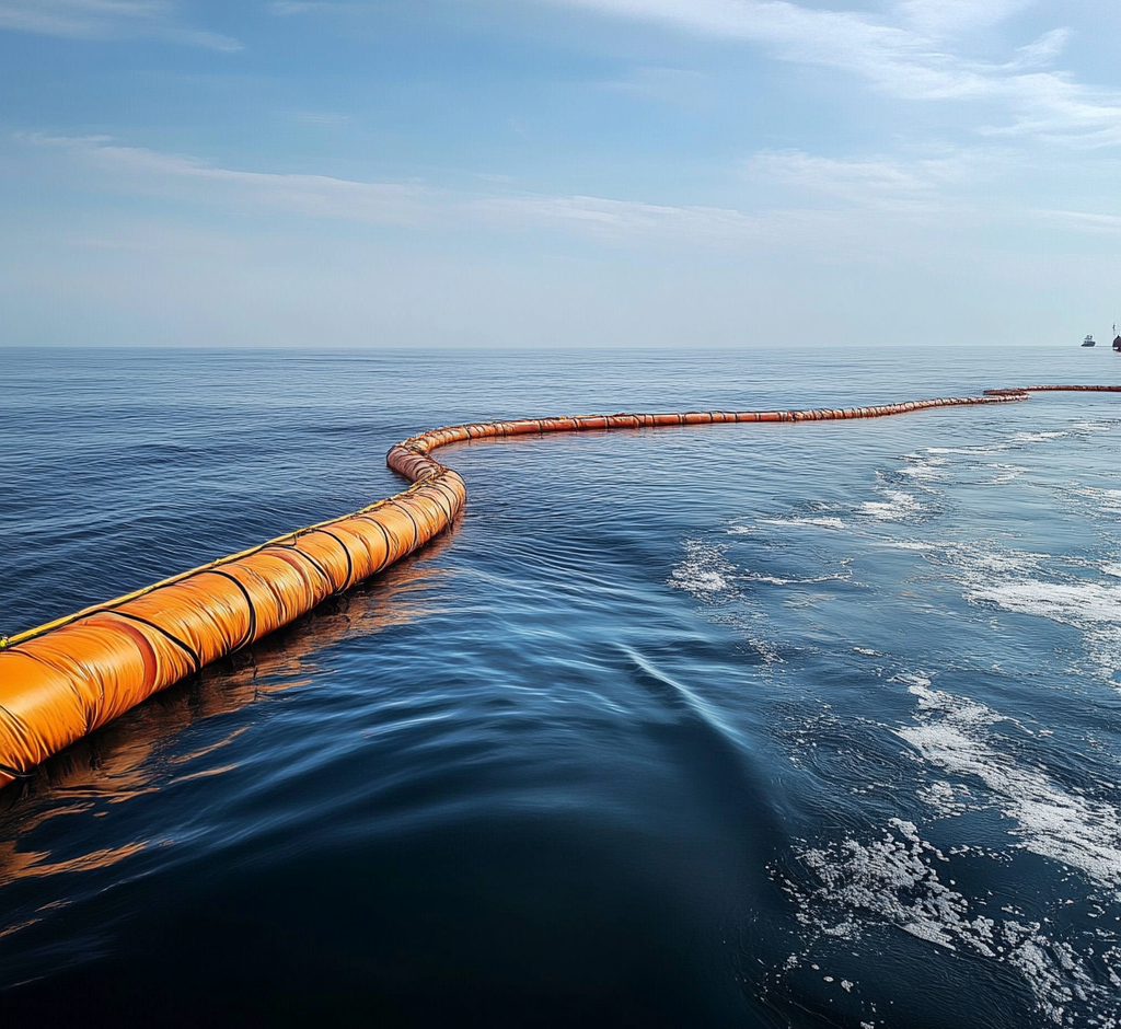 Barrage flottant en membrane technique déployé en mer pour la rétention des hydrocarbures