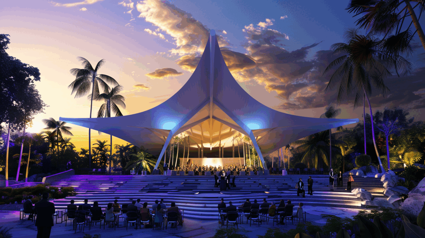 Amphithéâtre en plein air au crépuscule, couvert par une membrane d’architecture textile Serge Ferrari.
