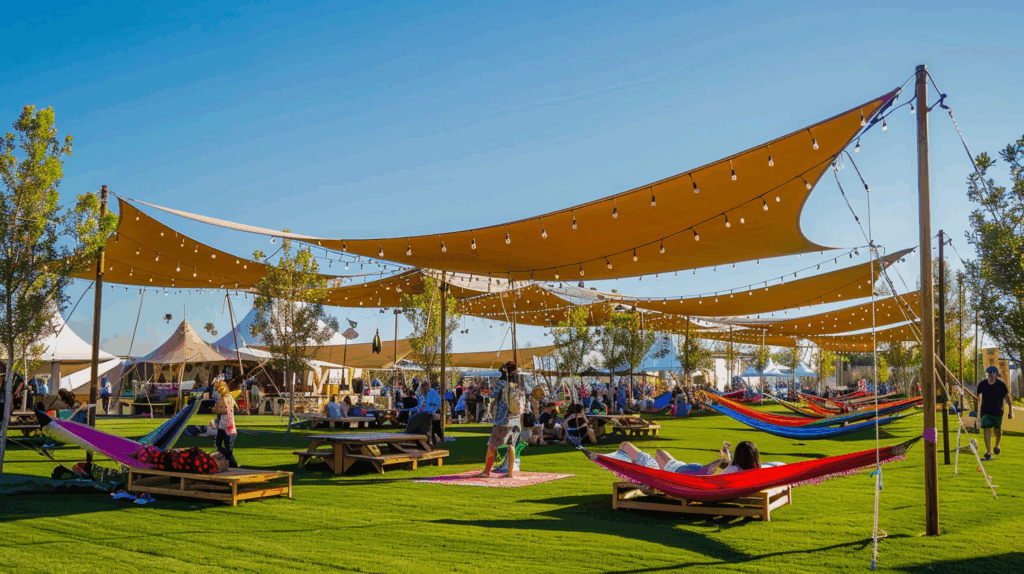 Espace événementiel outdoor avec voiles d’ombrage en membrane textile Serge Ferrari et zone lounge.