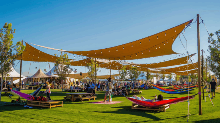 Espace événementiel outdoor avec voiles d’ombrage en membrane textile Serge Ferrari et zone lounge.