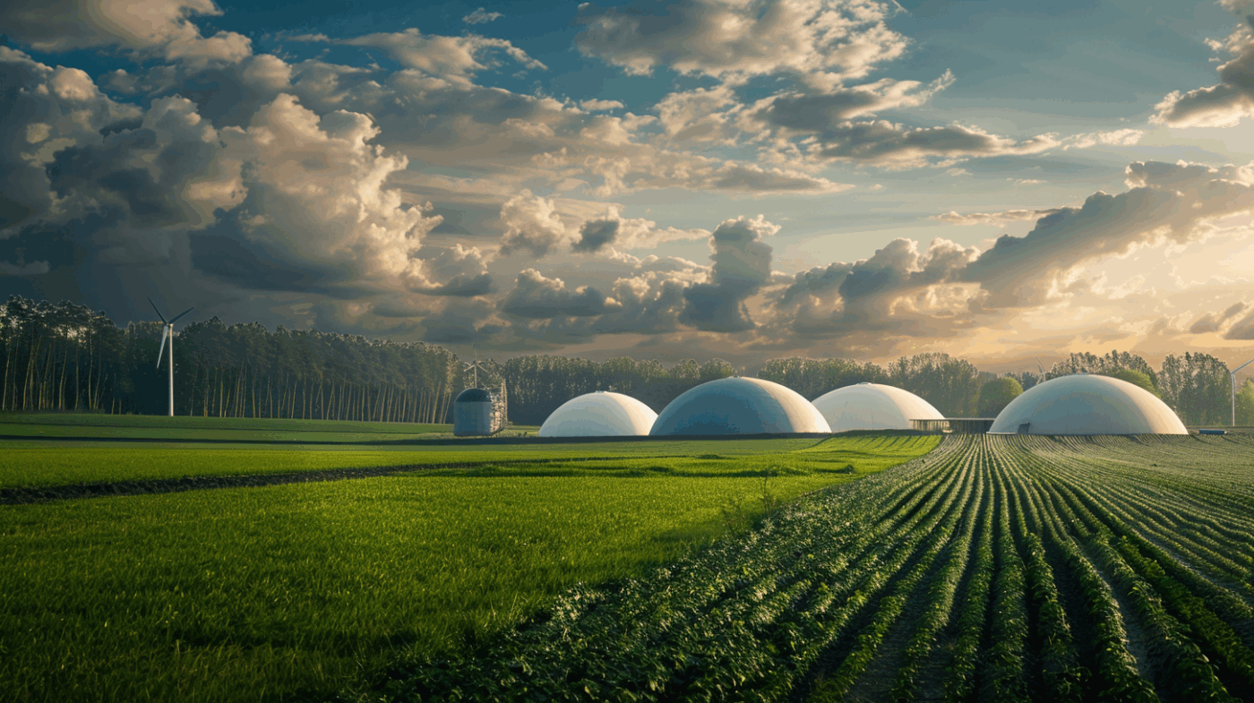 Dômes de stockage de biogaz en membrane textile dans un paysage rural