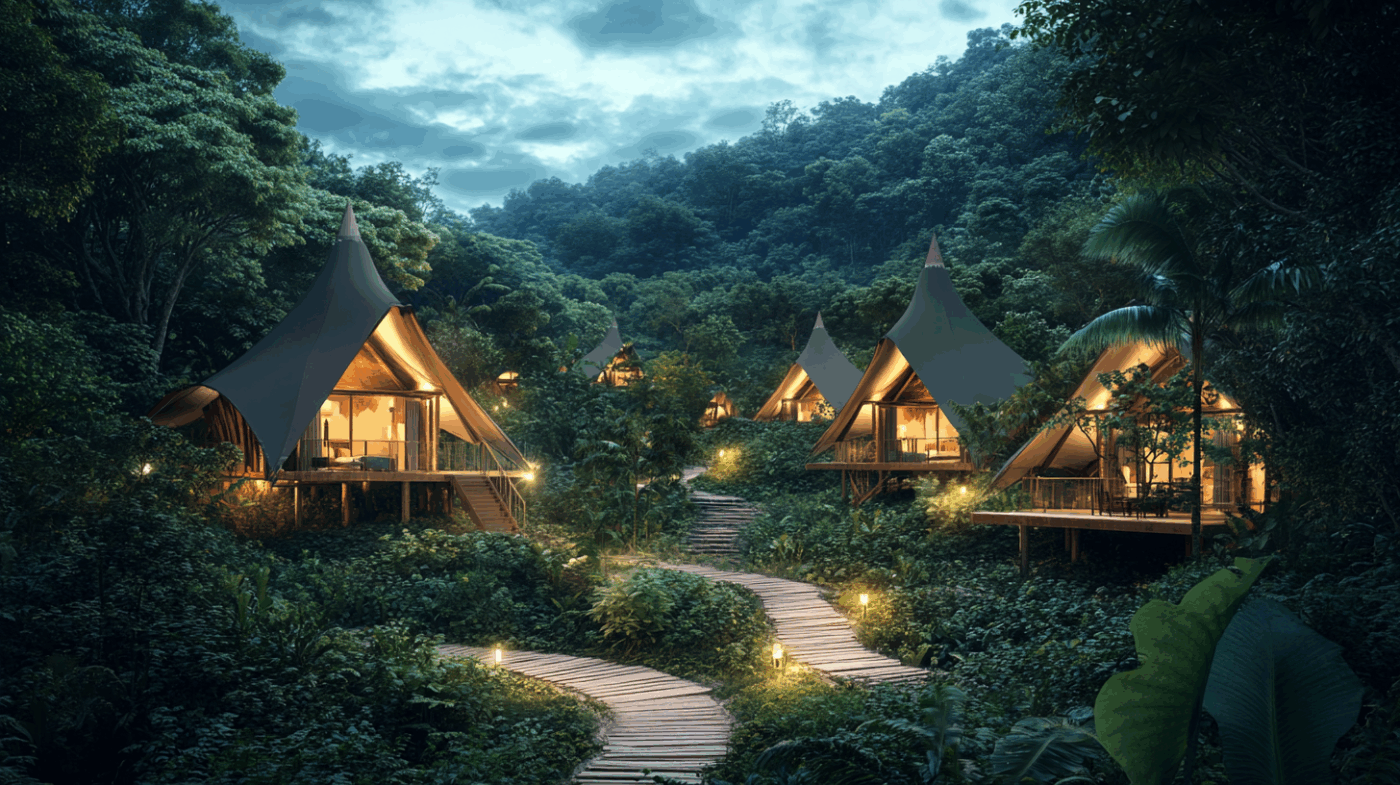 Vue du ciel d’un site de glamping avec plusieurs lodges couverts de membranes tendues