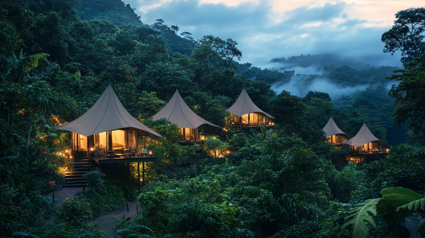 Vue aérienne de plusieurs lodges de glamping avec membranes textiles tendues, en pleine nature