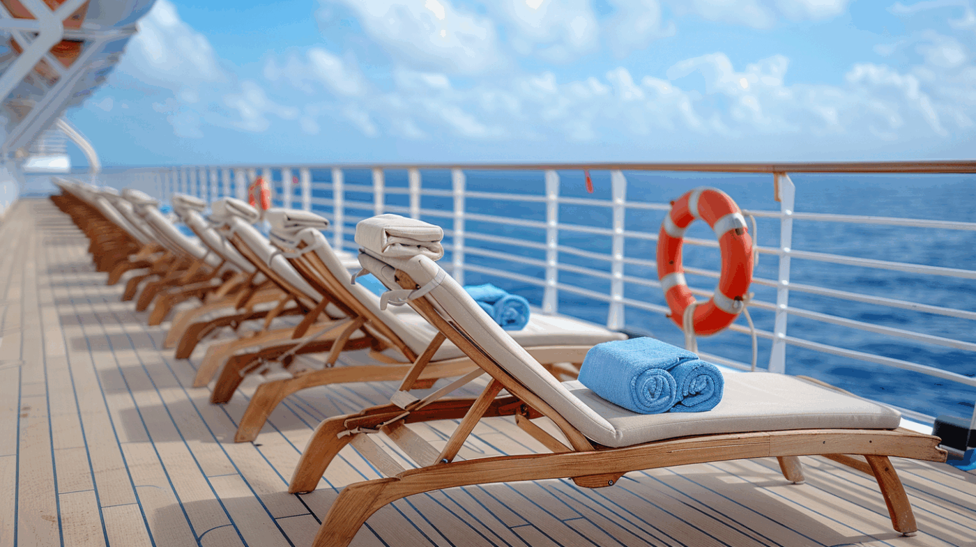 Pont extérieur de navire de croisière avec bains de soleil intégrant des membranes composites souples Serge Ferrari pour applications nautiques