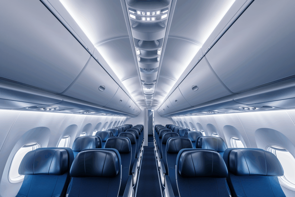 Cabine d’avion moderne en classe économique avec rangées de sièges bleus