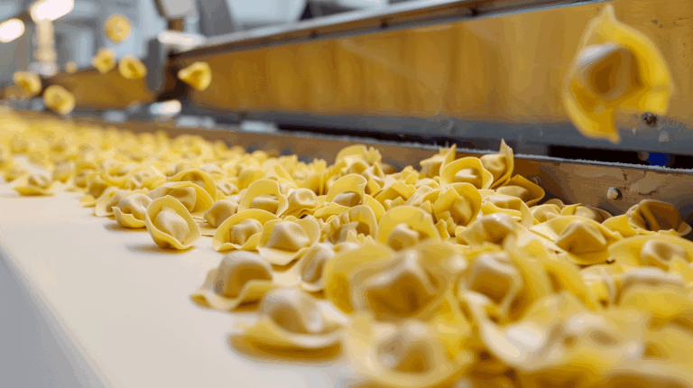 Convoyeur industriel équipé d’un tapis en membrane food compliant assurant le transport de produits alimentaires sur ligne de production.