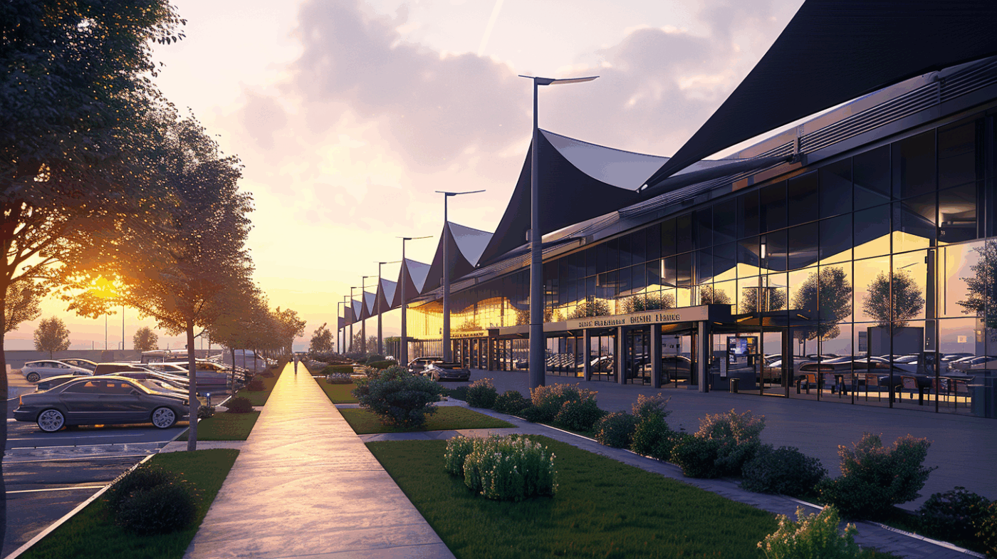 Aéroport contemporain intégrant des toitures textiles en membranes composites souples Serge Ferrari pour protection solaire et architecture extérieure