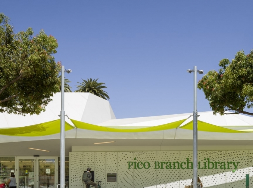 Pico Branch Library with lime-green color shade canopy